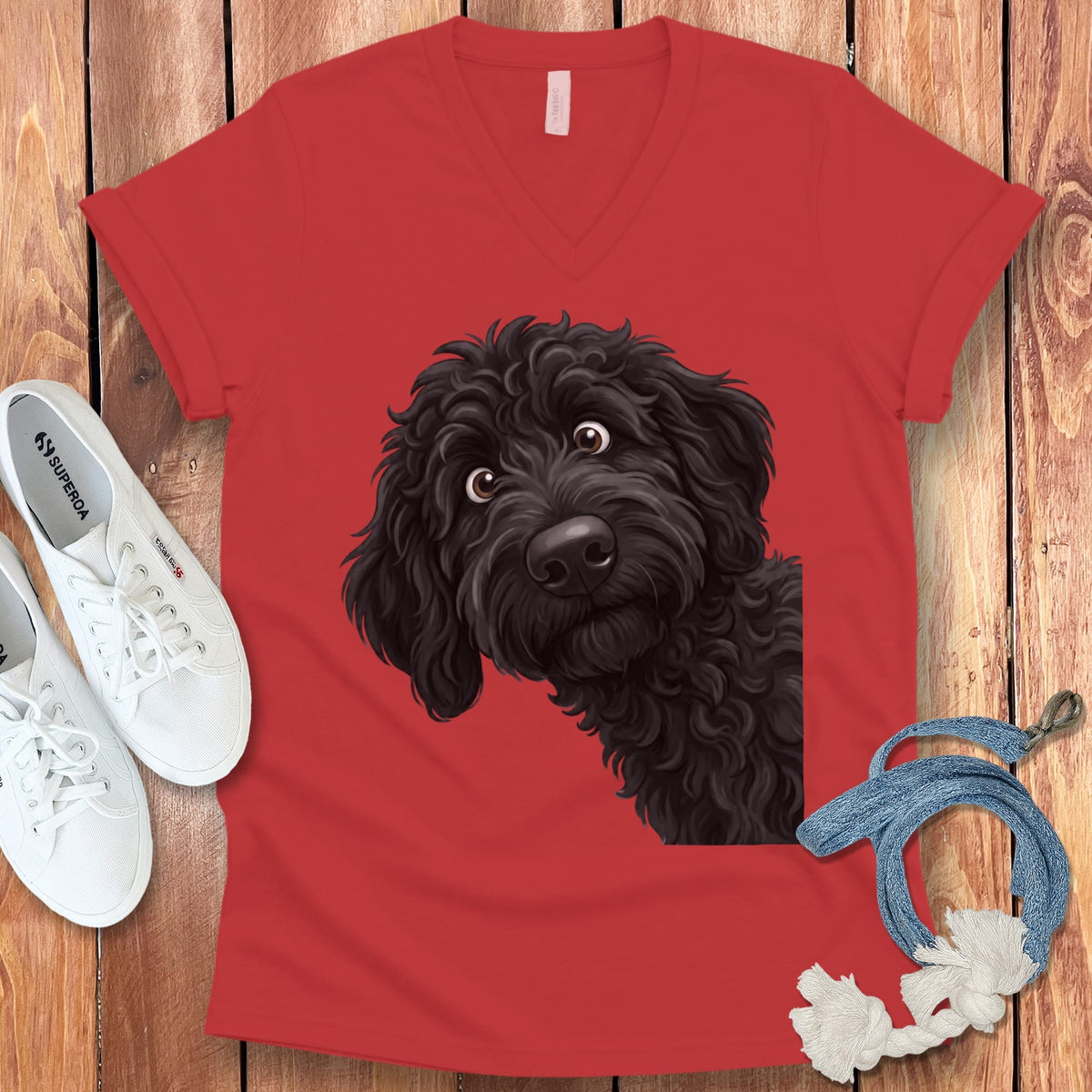 Funny Peeking Black Goldendoodle V-Neck T-Shirt in Red / S by Puppy Jo