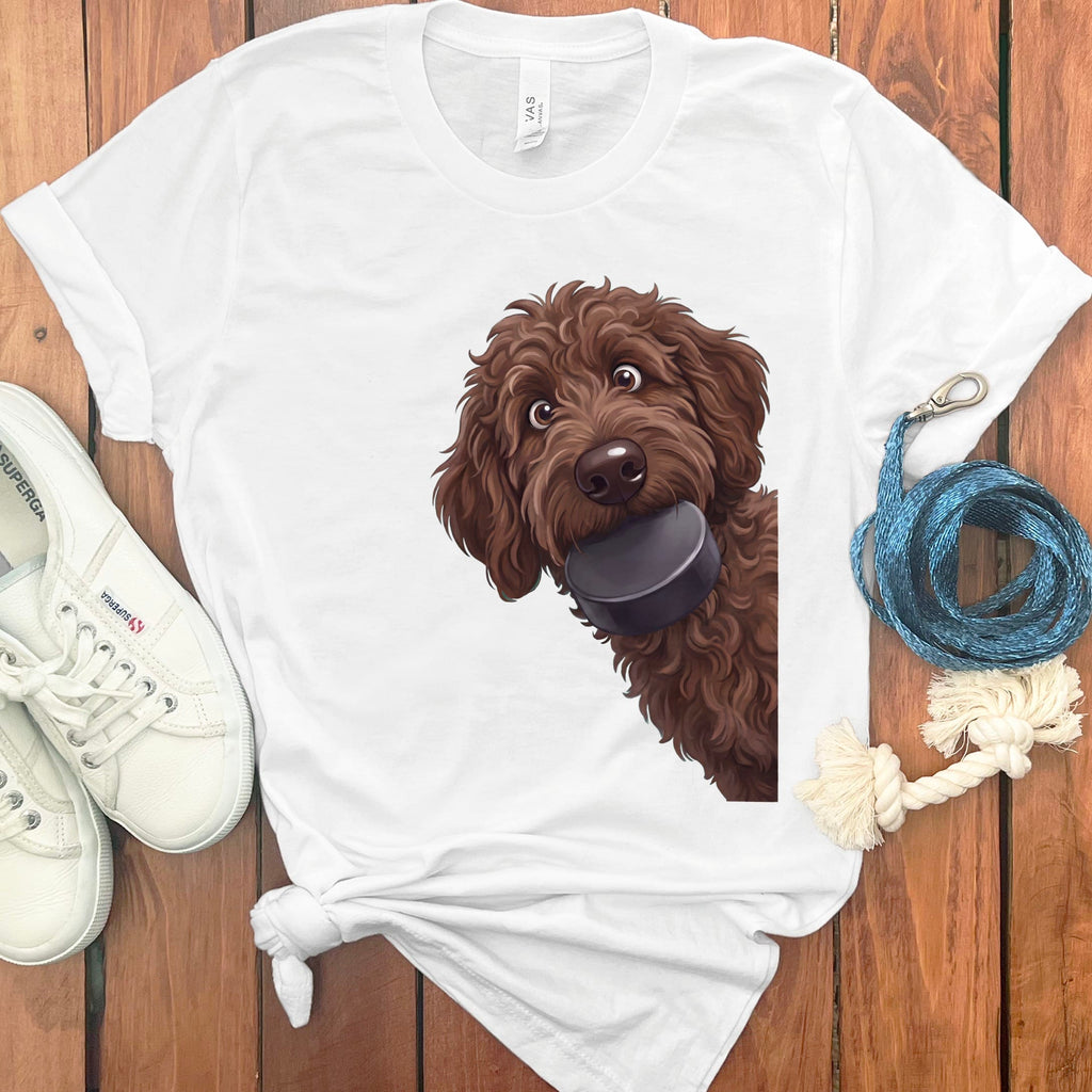 Chocolate Goldendoodle Hockey Puck T-Shirt in White / S by Puppy Jo