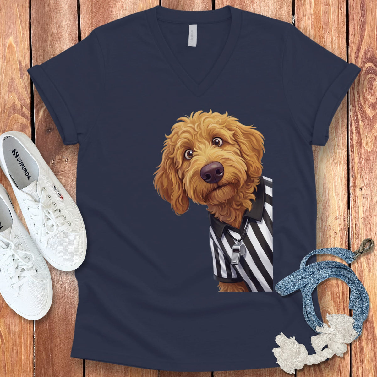 Apricot Goldendoodle Football Referee V-Neck T-Shirt in Navy / S by Puppy Jo