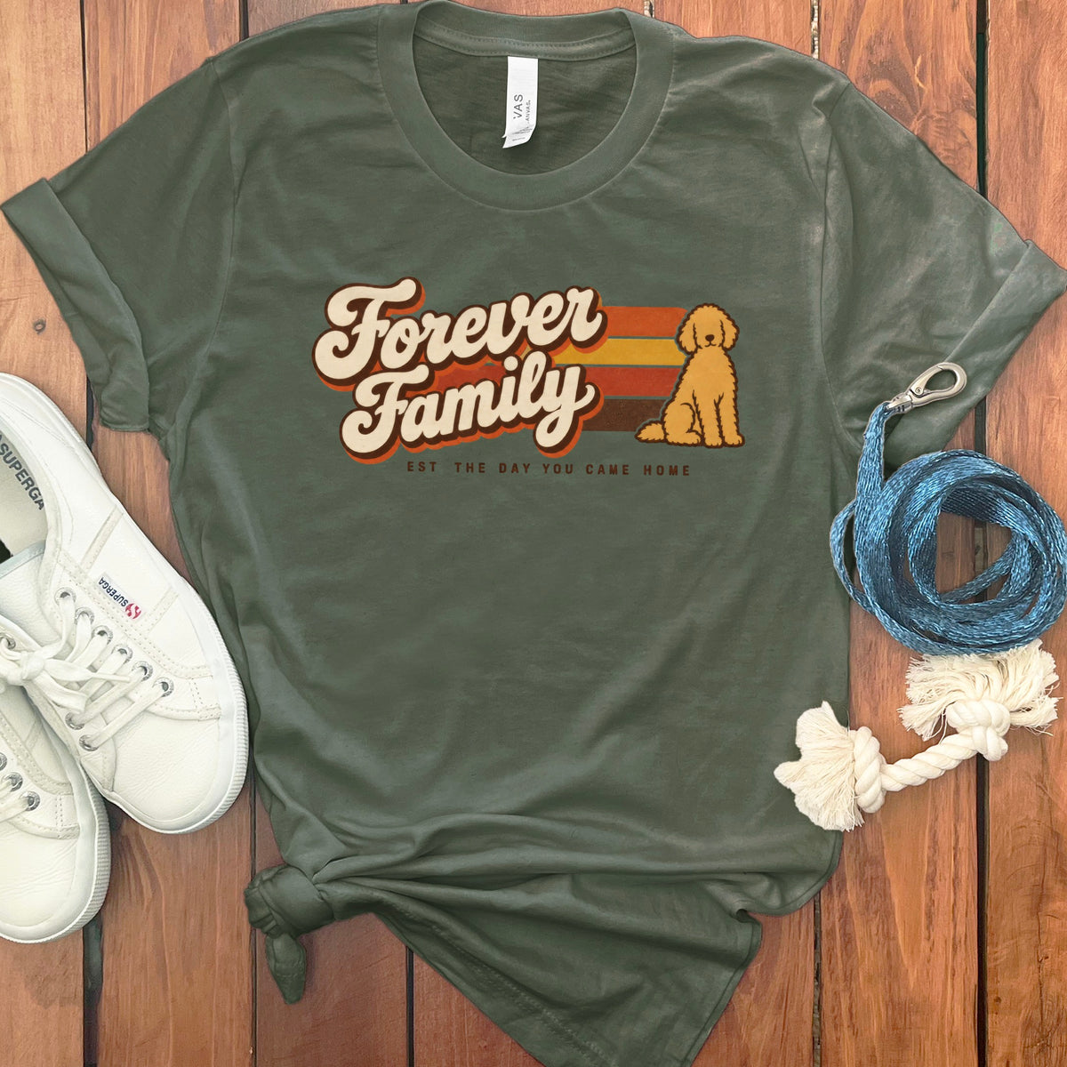 Green t-shirt with "Forever Family Est The Day You Came Home" and a doodle dog graphic.