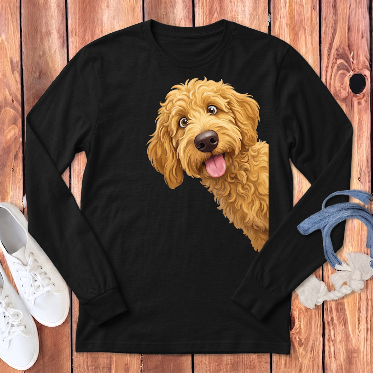 Black long-sleeve shirt with a cute doodle dog peeking from the side.