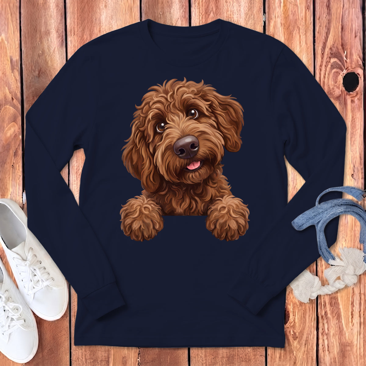 Dark navy long sleeve shirt with a cute brown doodle dog illustration.