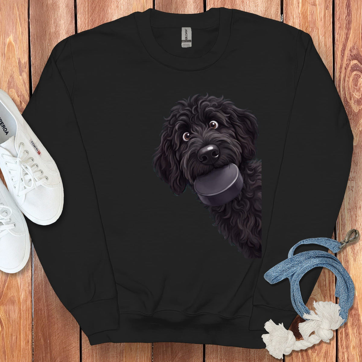 Black Goldendoodle Hockey Puck Sweatshirt in Black / S by Puppy Jo