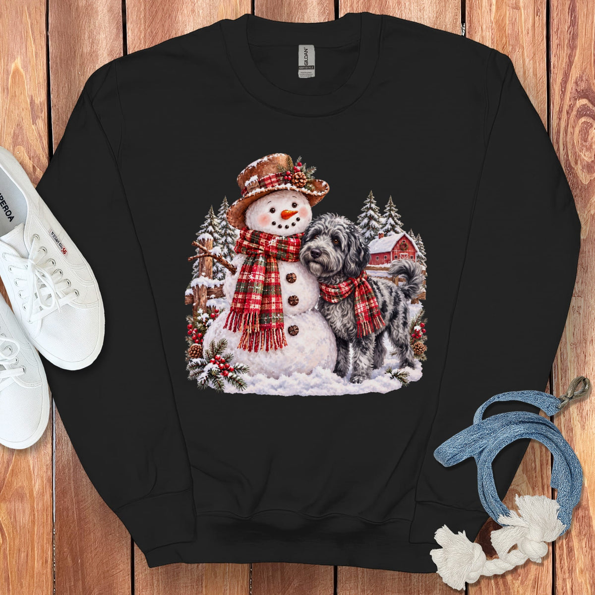 Merle Goldendoodle Christmas Snowman Sweatshirt in Black / S by Puppy Jo