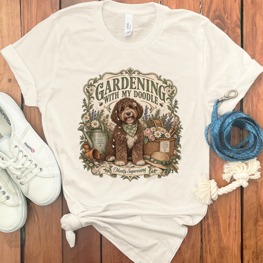 Brown doodle dog in gardening scene with text "Gardening with my Doodle" and "Mostly Supervising".
