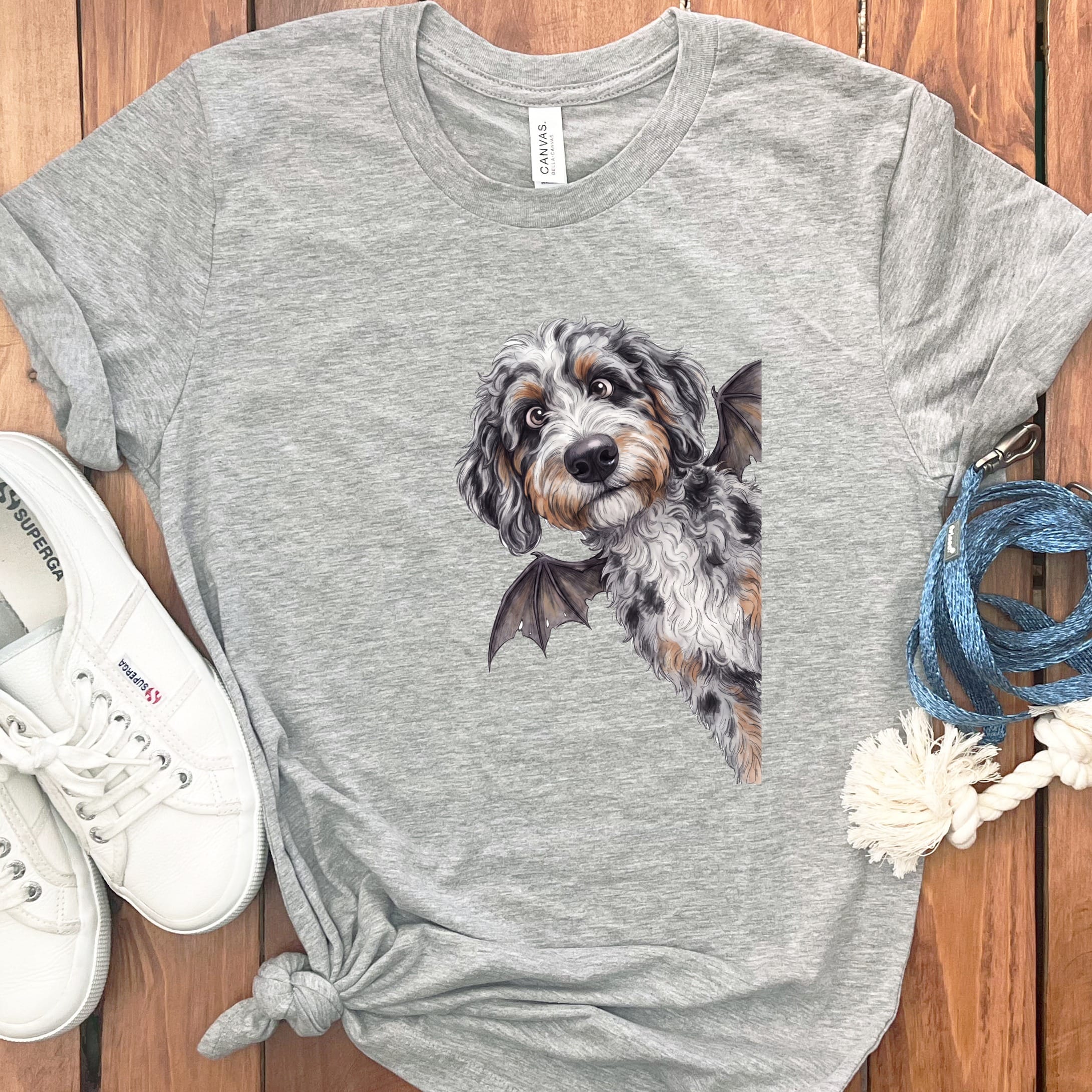 Bat Aussiedoodle T-Shirt in Athletic Heather / S by Puppy Jo