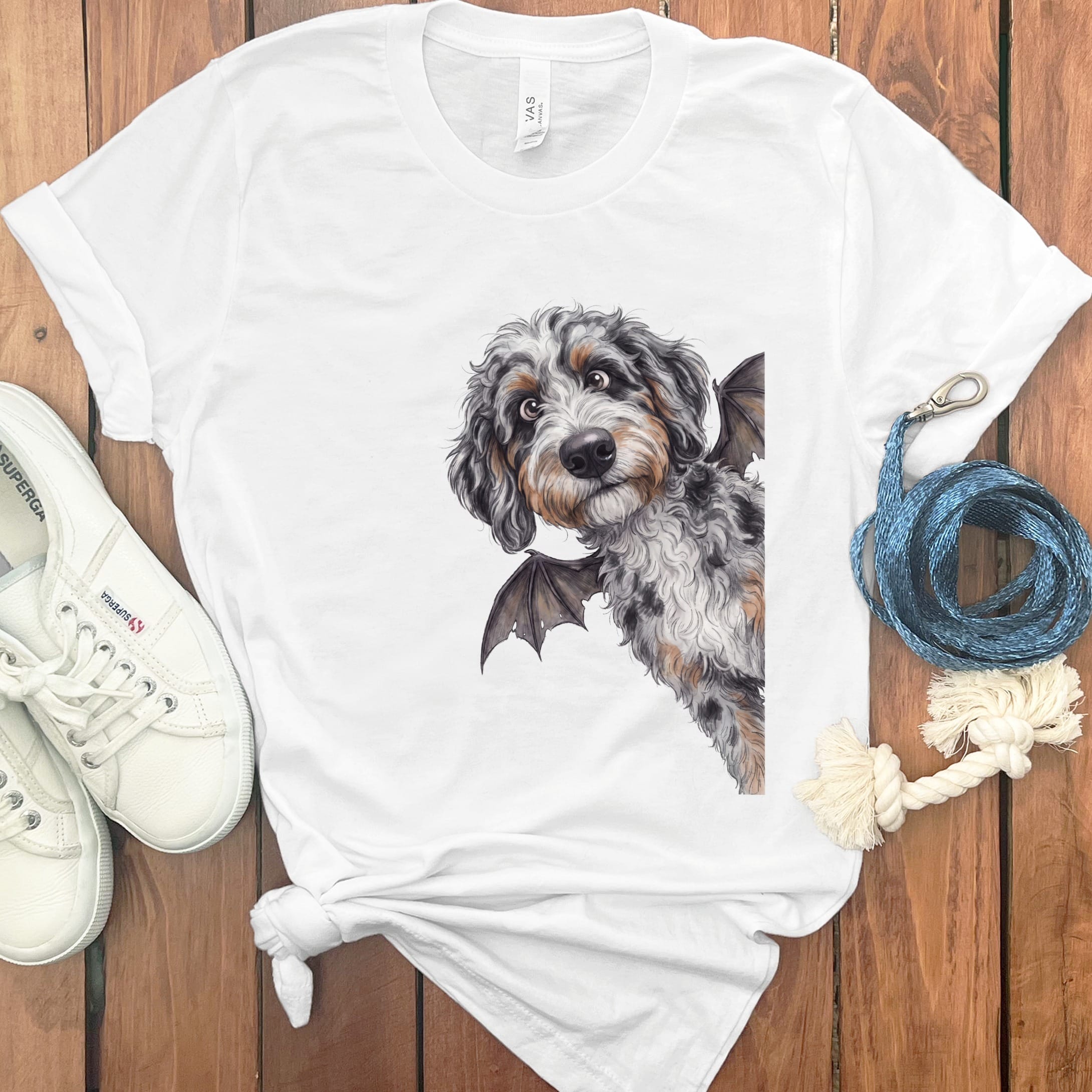 Bat Aussiedoodle T-Shirt in White / S by Puppy Jo