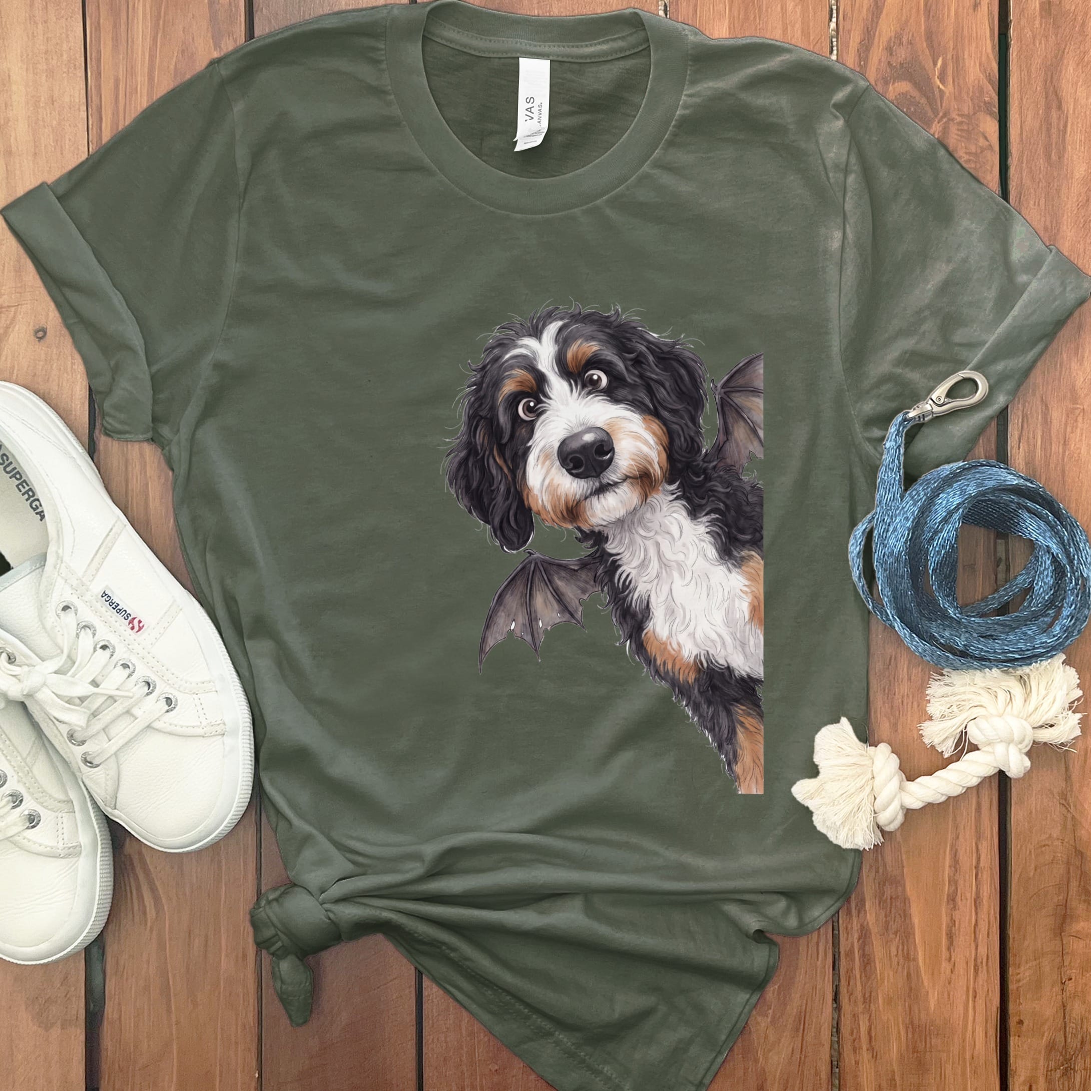Bat Bernedoodle T-Shirt in Military Green / S by Puppy Jo
