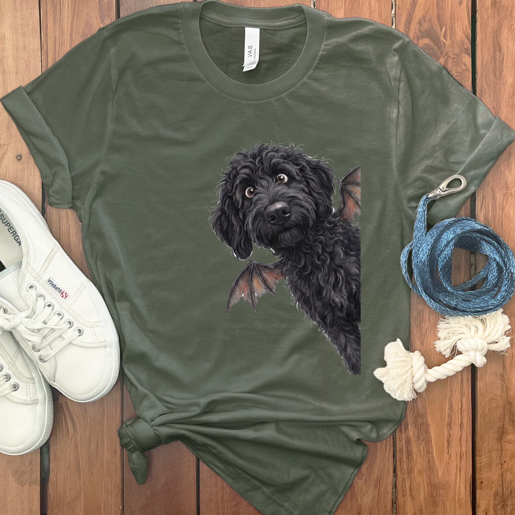 Bat Black Goldendoodle T-Shirt in Military Green / S by Puppy Jo