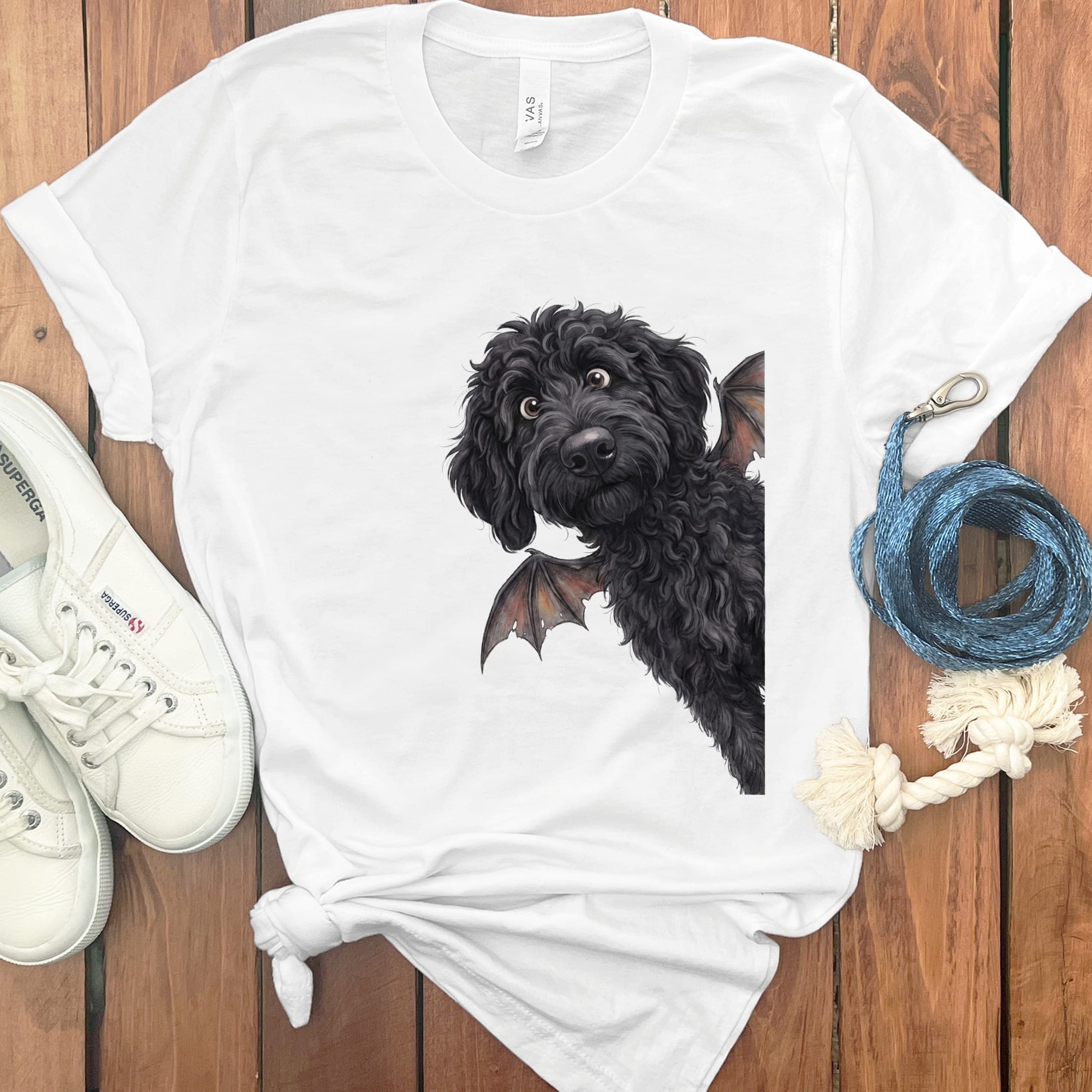 Bat Black Goldendoodle T-Shirt in White / S by Puppy Jo