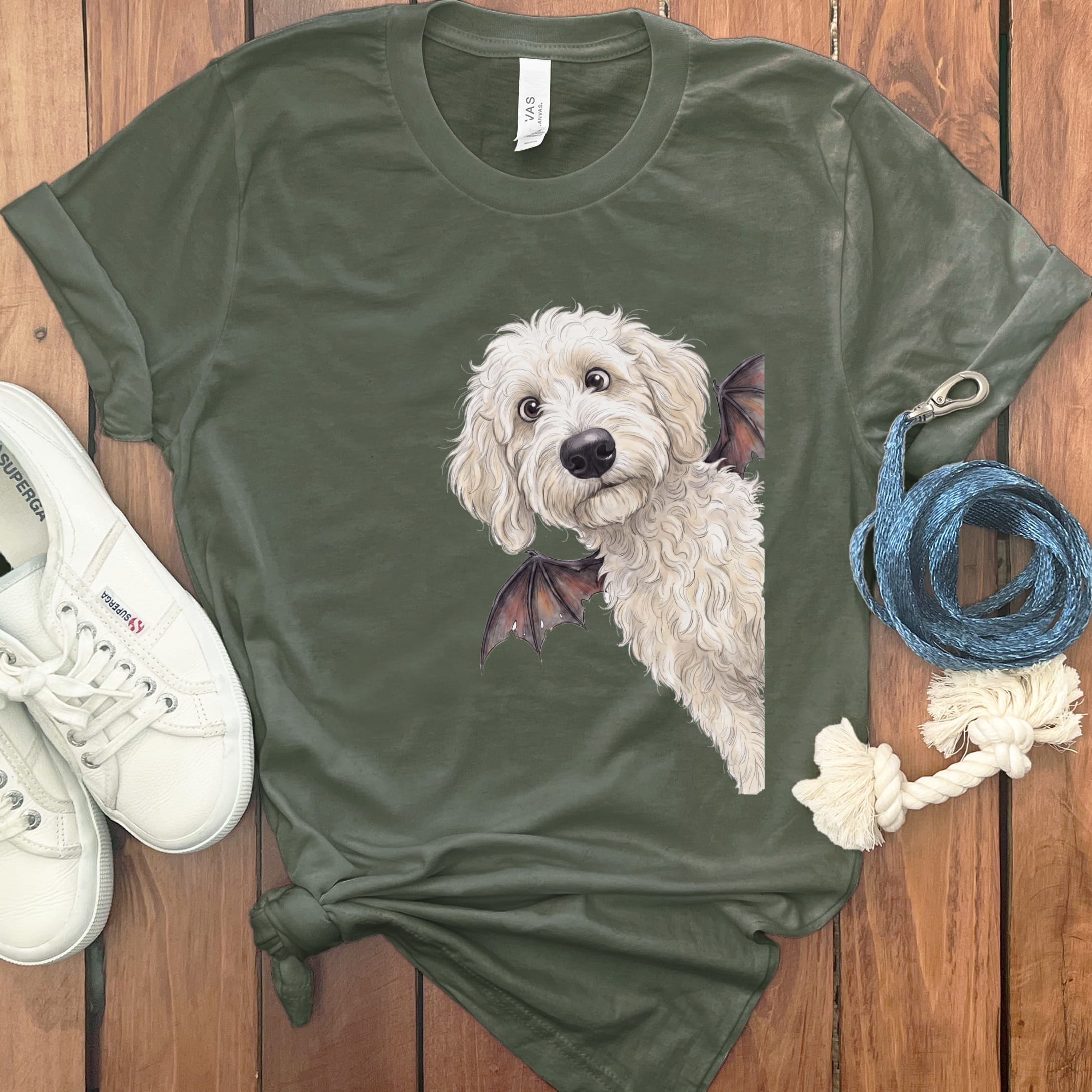Bat Cream Goldendoodle T-Shirt in Military Green / S by Puppy Jo