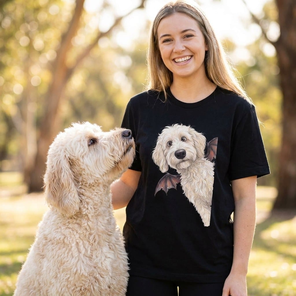Bat Cream Goldendoodle T-Shirt in by Puppy Jo