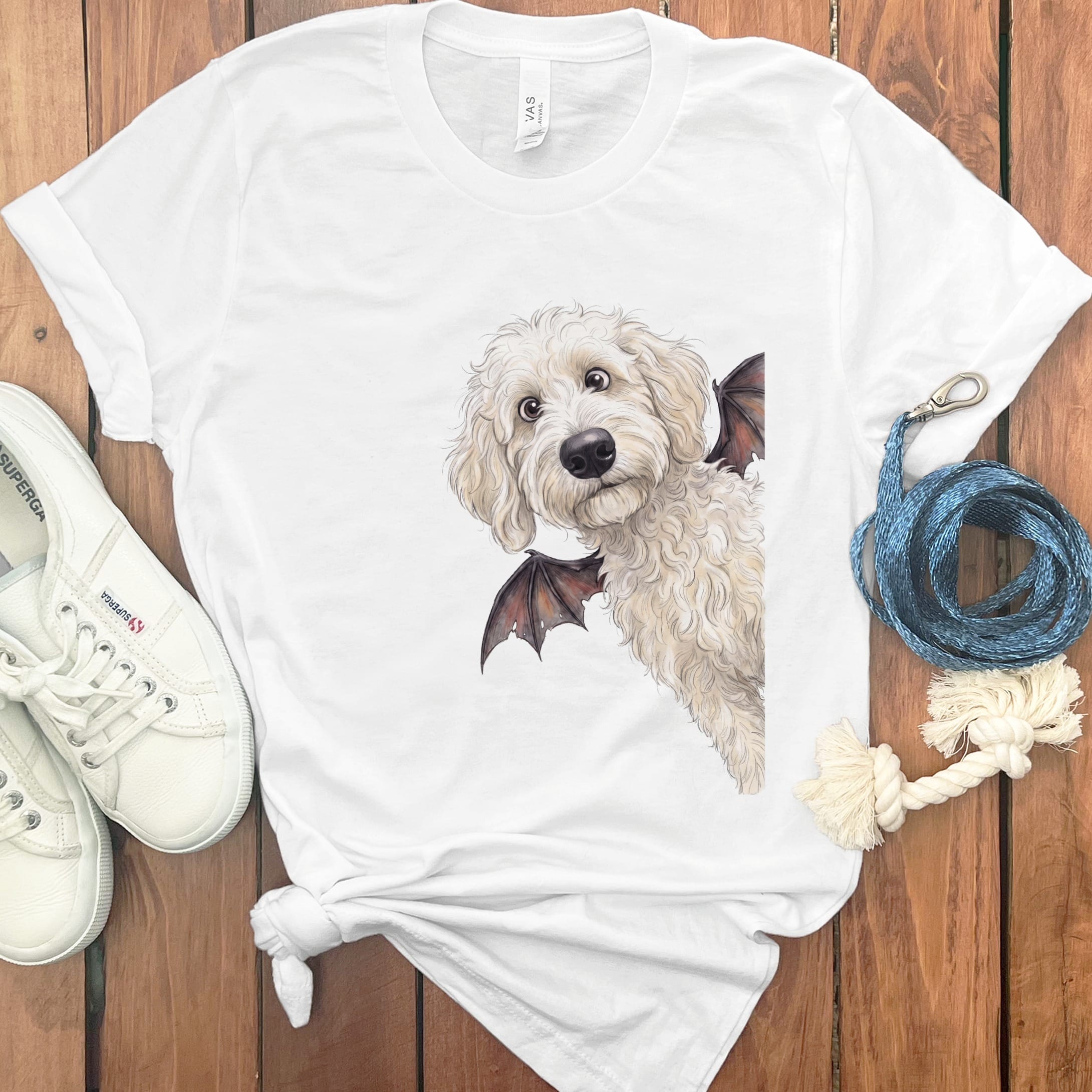 Bat Cream Goldendoodle T-Shirt in White / S by Puppy Jo