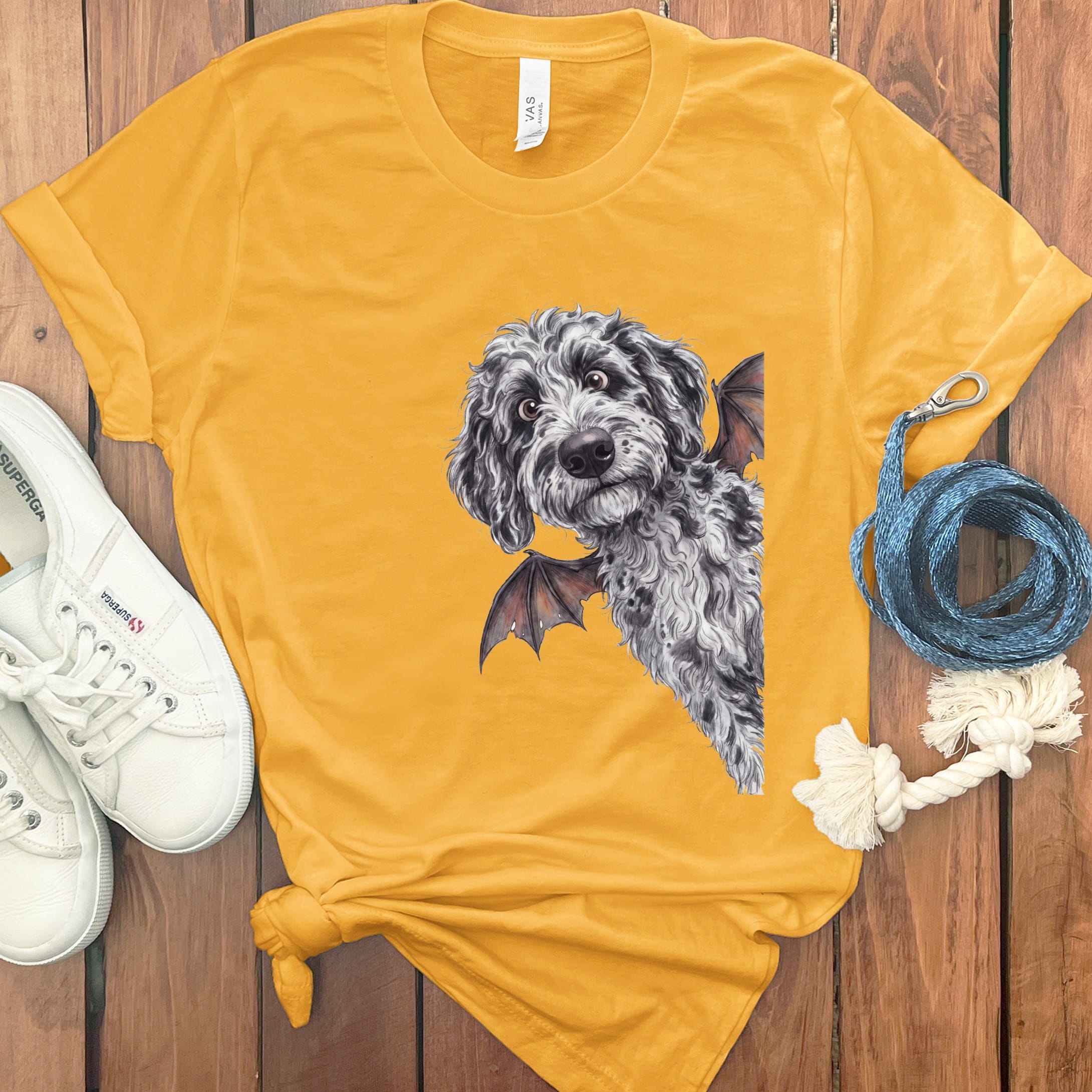 Bat Merle Goldendoodle T-Shirt in Gold / S by Puppy Jo