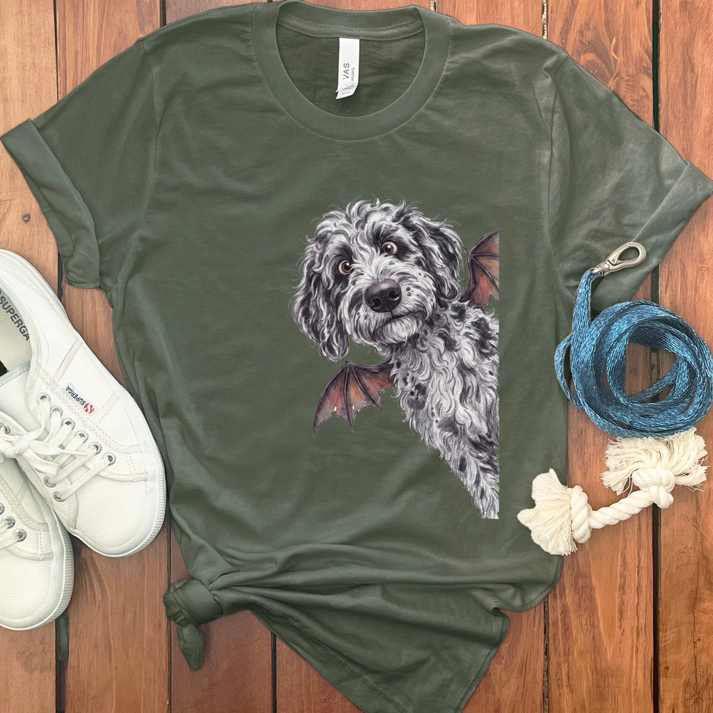 Bat Merle Goldendoodle T-Shirt in Military Green / S by Puppy Jo