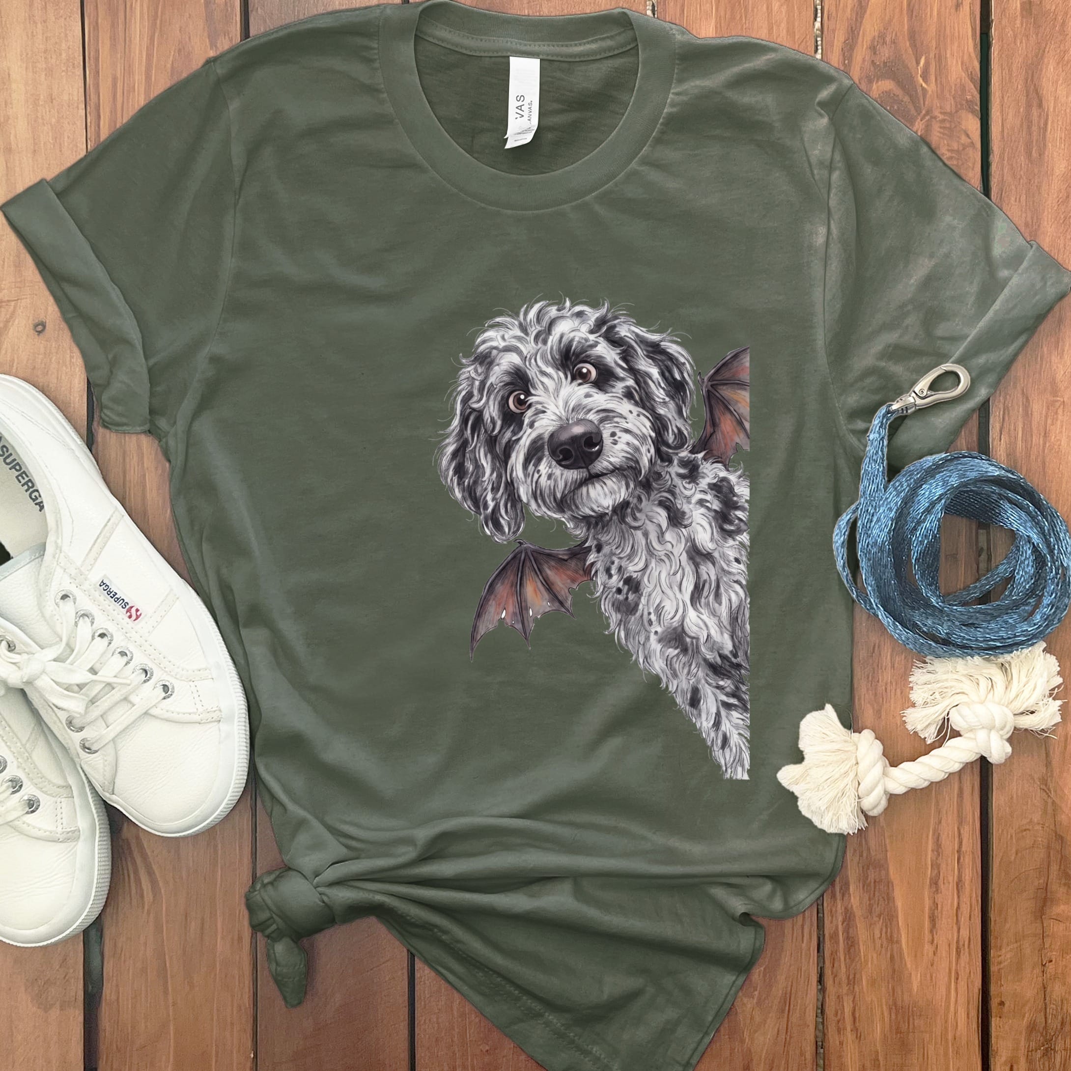 Bat Merle Goldendoodle T-Shirt in Military Green / S by Puppy Jo
