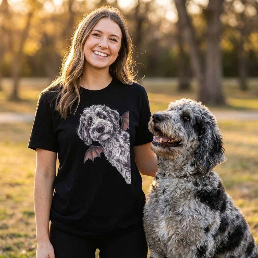 Bat Merle Goldendoodle T-Shirt in by Puppy Jo