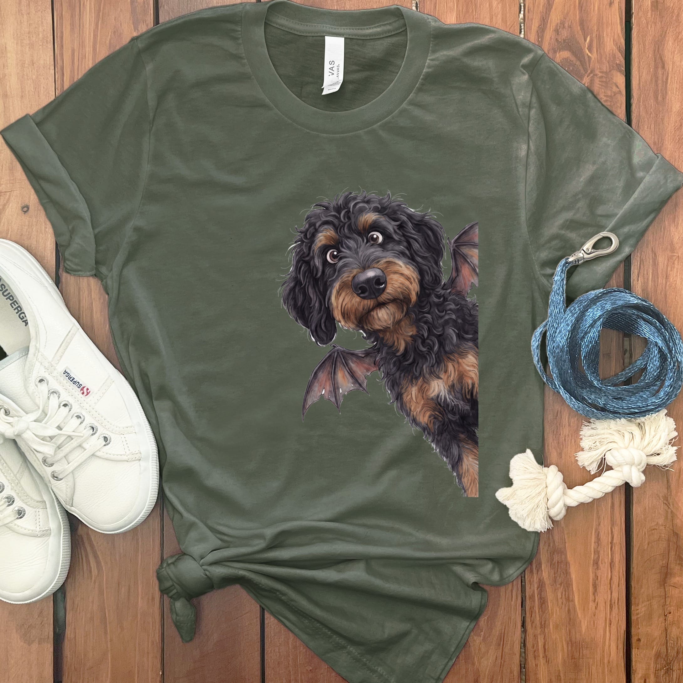 Bat Phantom Goldendoodle T-Shirt in Military Green / S by Puppy Jo