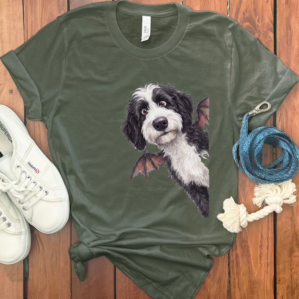 Bat Sheepadoodle T-Shirt in Military Green / S by Puppy Jo