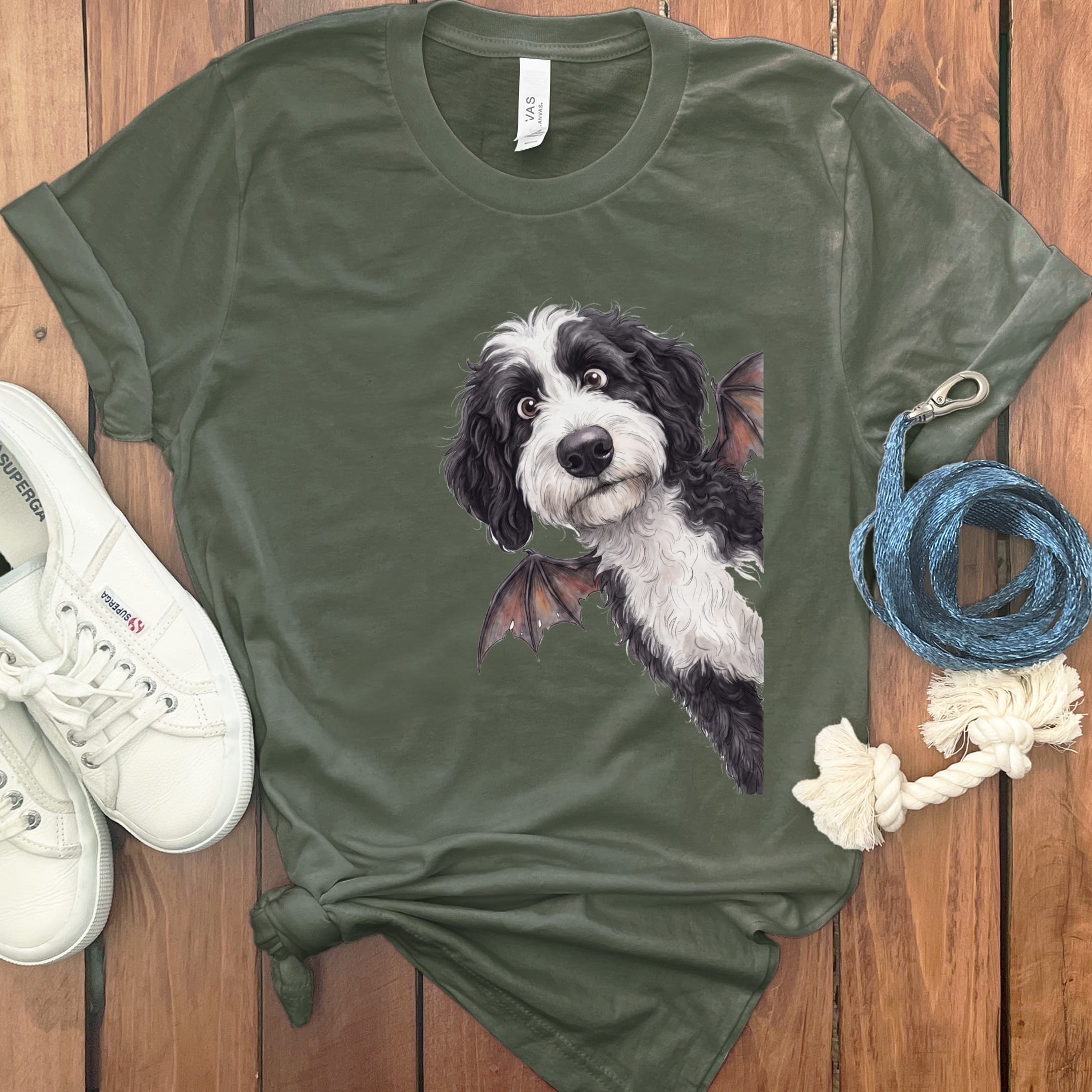 Bat Sheepadoodle T-Shirt in Military Green / S by Puppy Jo