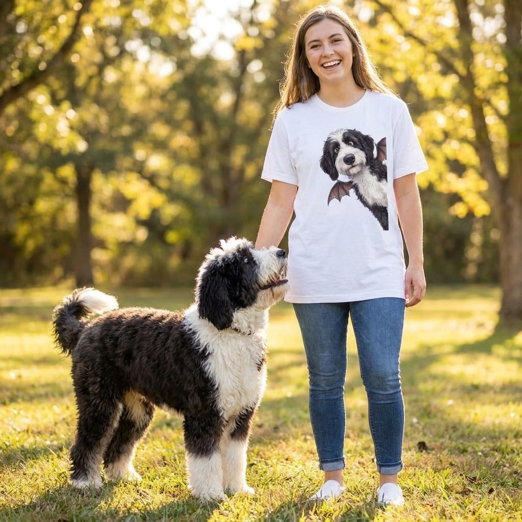 Bat Sheepadoodle T-Shirt in by Puppy Jo