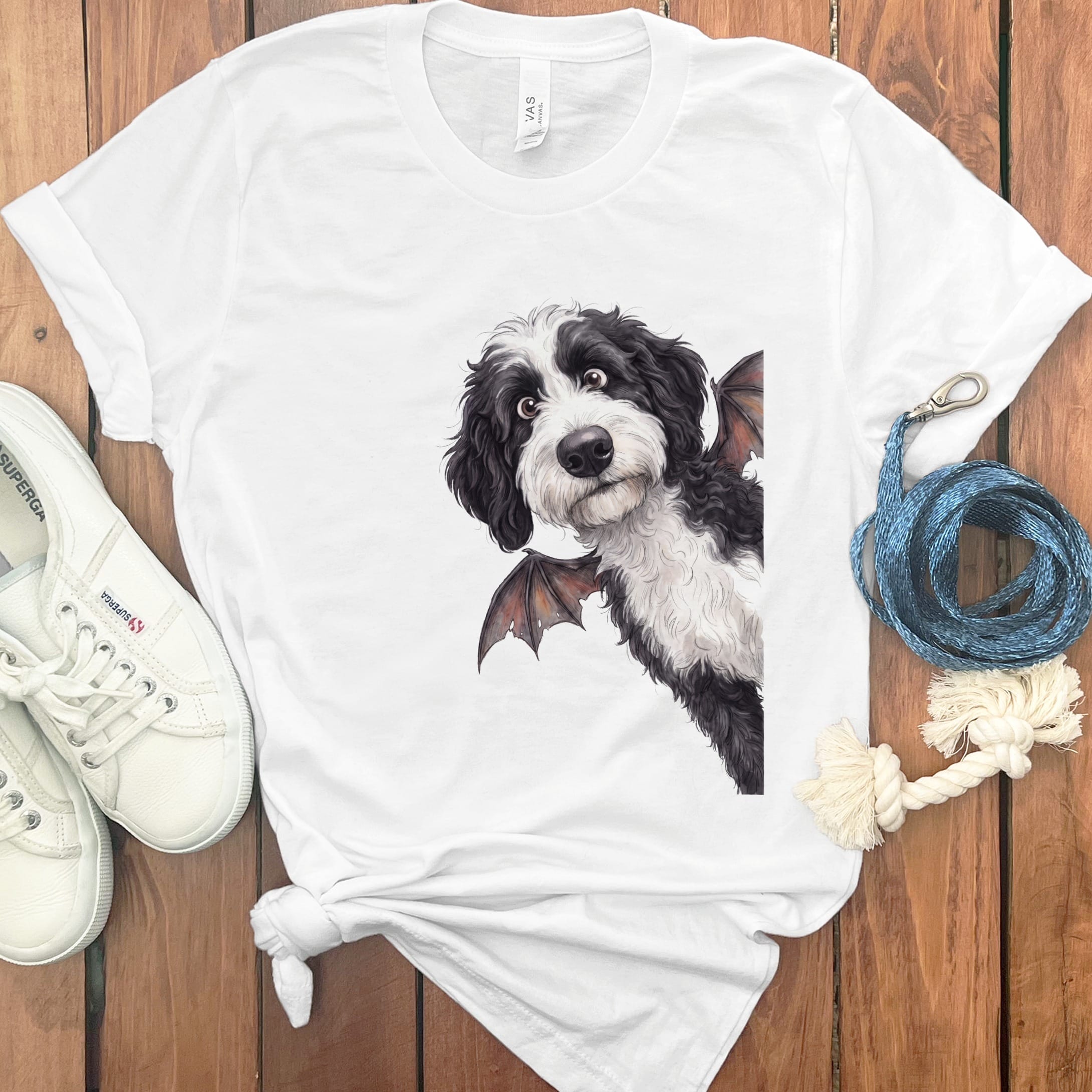 Bat Sheepadoodle T-Shirt in White / S by Puppy Jo