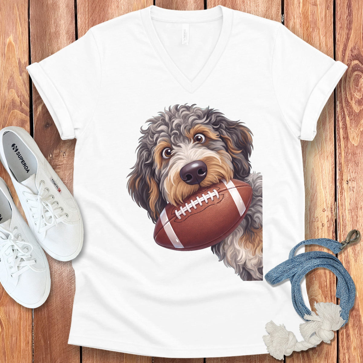 Aussiedoodle Football V-Neck T-Shirt in White / S by Puppy Jo