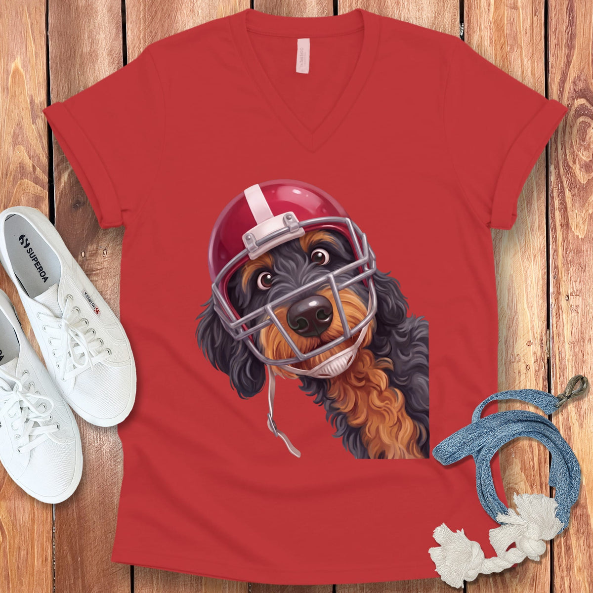 Phantom Goldendoodle Football Helmet V-Neck T-Shirt in Red / S by Puppy Jo