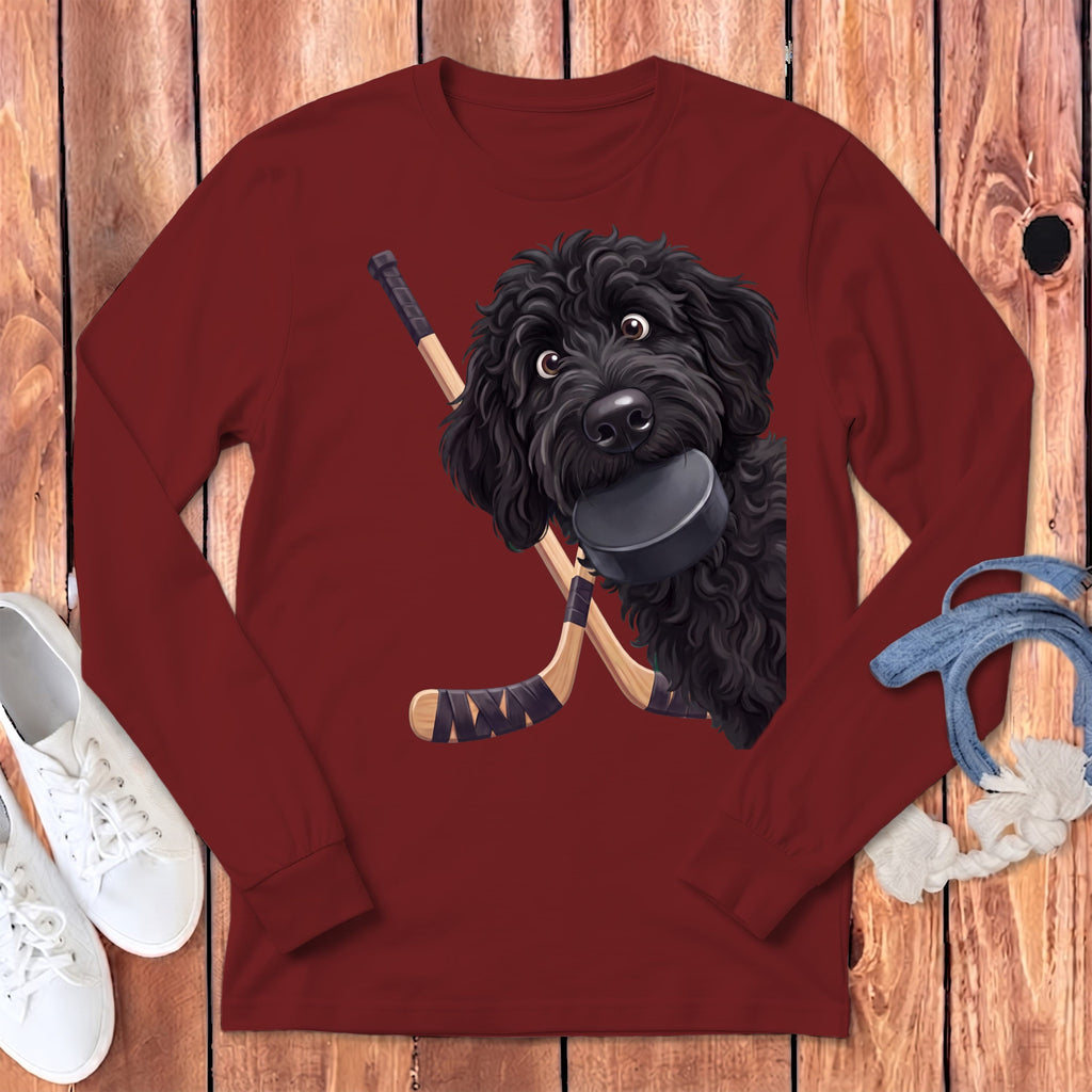 Black Goldendoodle Hockey Long Sleeve T-Shirt in Cardinal / S by Puppy Jo