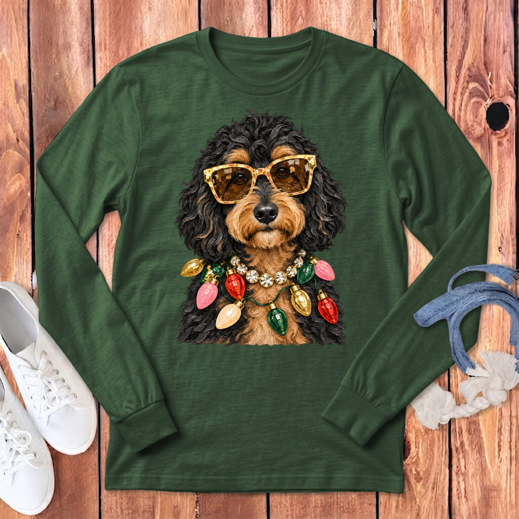 Phantom Goldendoodle Christmas Glam Long Sleeve T-Shirt in Heather Forest / S by Puppy Jo