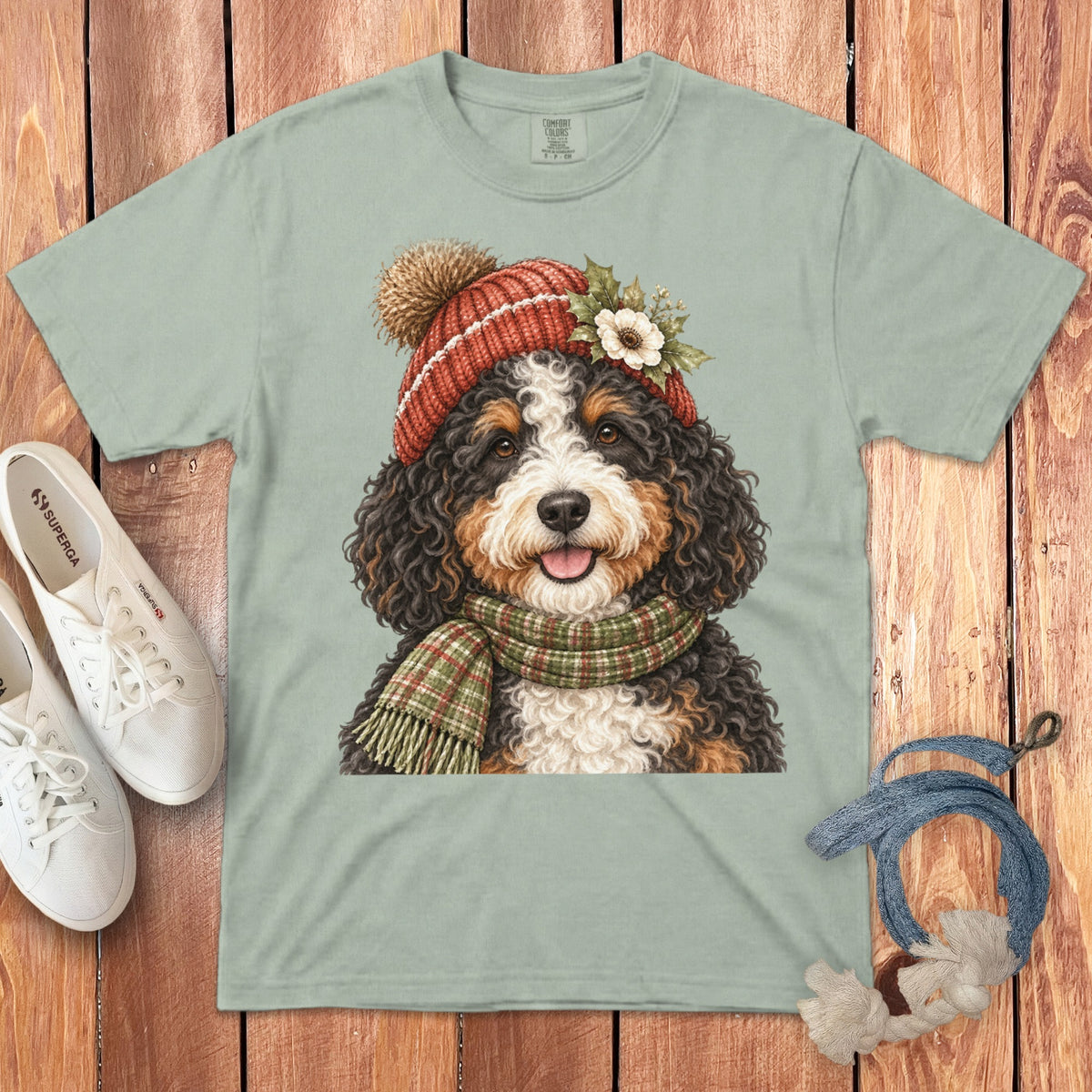 Bernese mountain dog in winter hat and scarf graphic on a light green t-shirt.