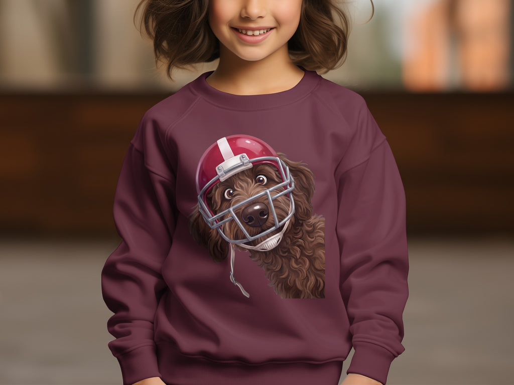 Maroon sweatshirt with a cartoon dog wearing a football helmet graphic.