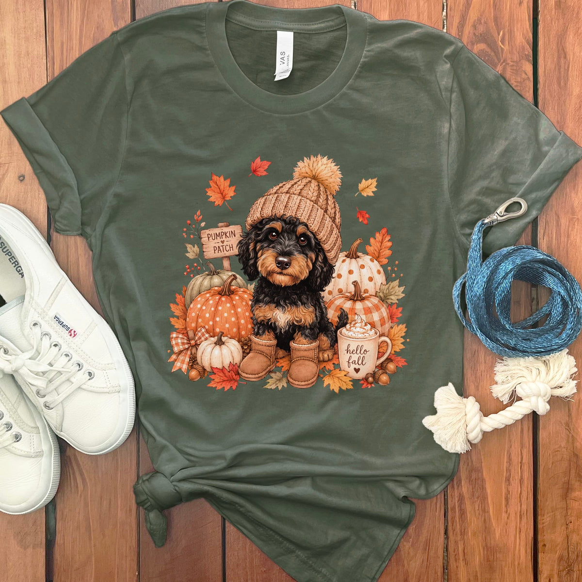 Phantom Goldendoodle Pumpkin Patch T-Shirt in Military Green / S by Puppy Jo