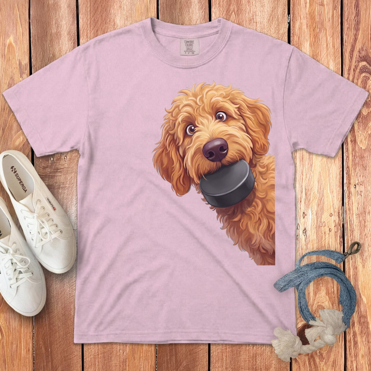 Apricot Goldendoodle Hockey Puck Signature T-Shirt in Blossom / S by Puppy Jo