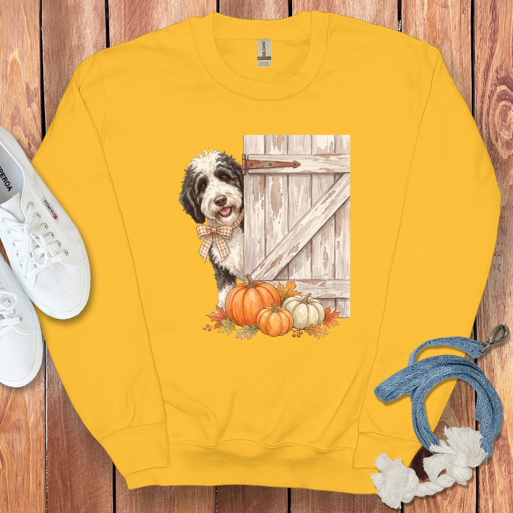 Sheepadoodle Barn Peeking Sweatshirt in Gold / S by Puppy Jo