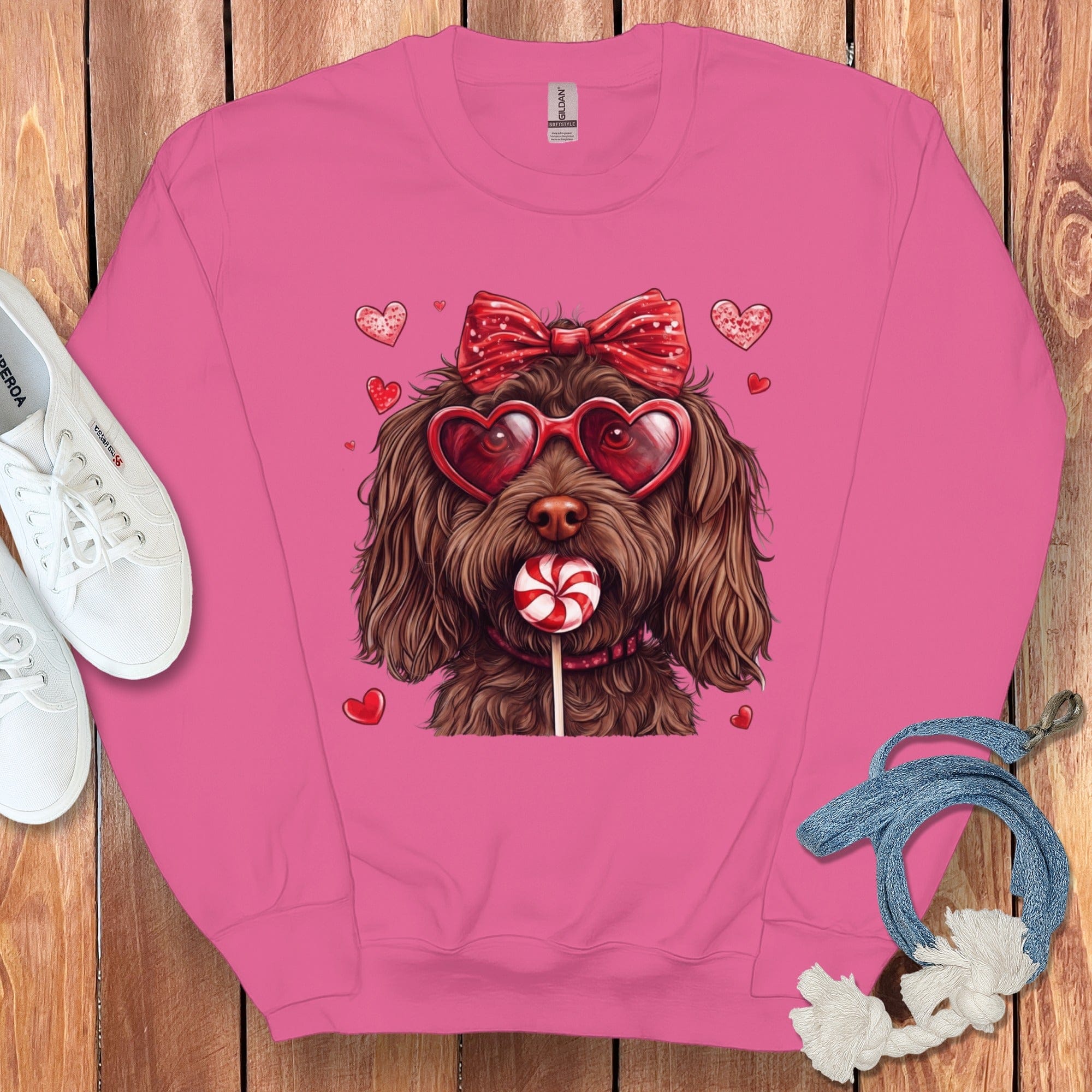 Cute Dog with Heart Glasses and Candy Sweatshirt