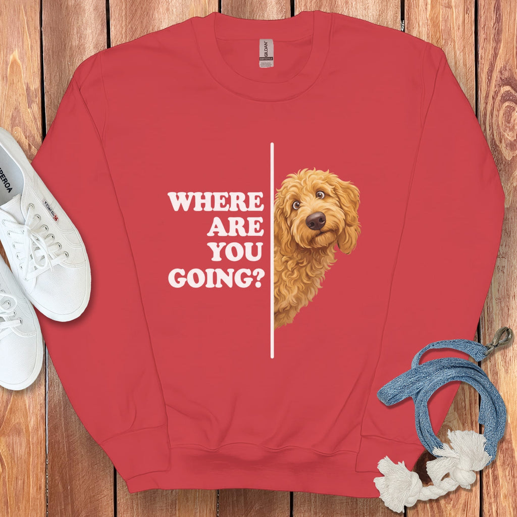Where Going Apricot Goldendoodle Sweatshirt in Red / S by Puppy Jo