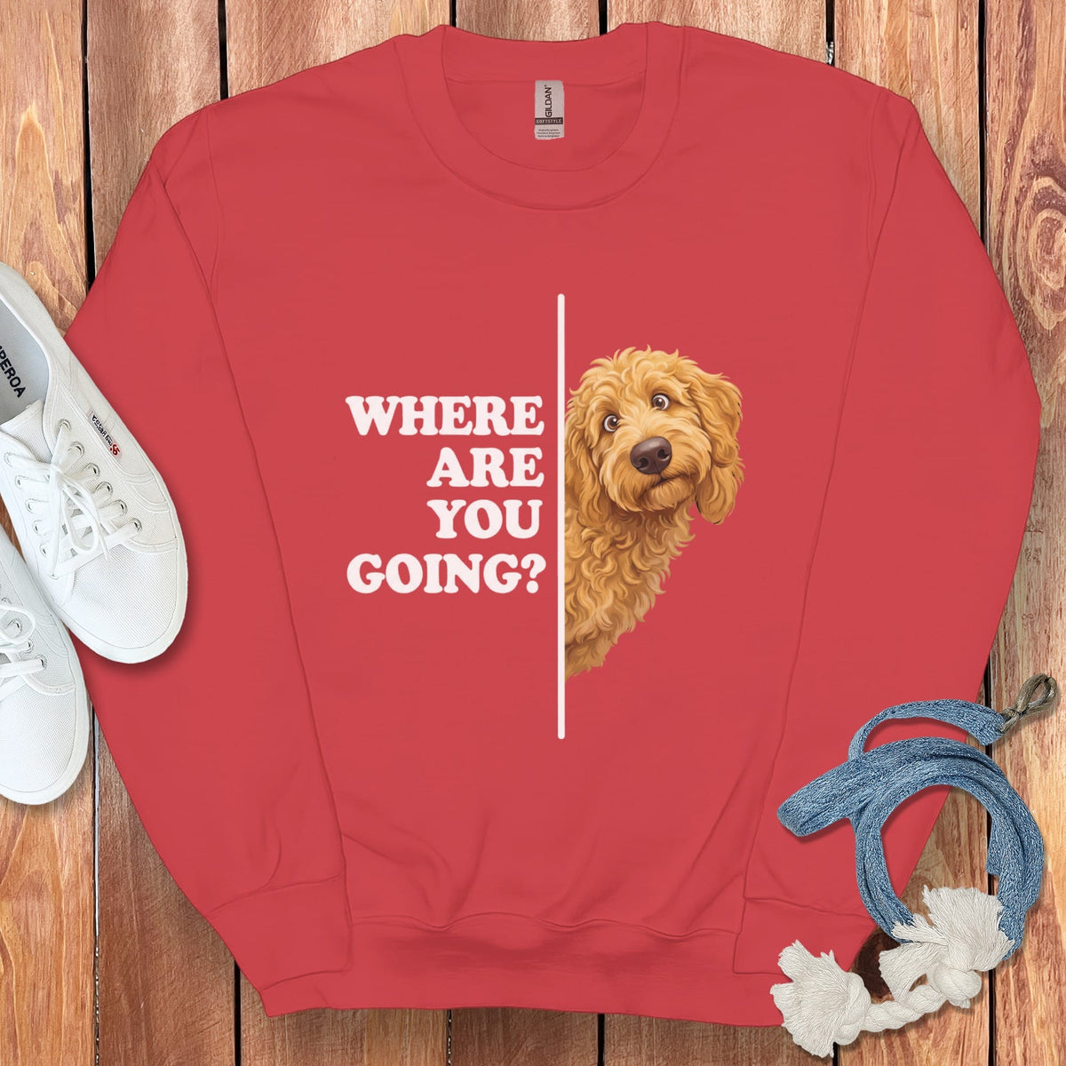 Where Going Apricot Goldendoodle Sweatshirt in Red / S by Puppy Jo