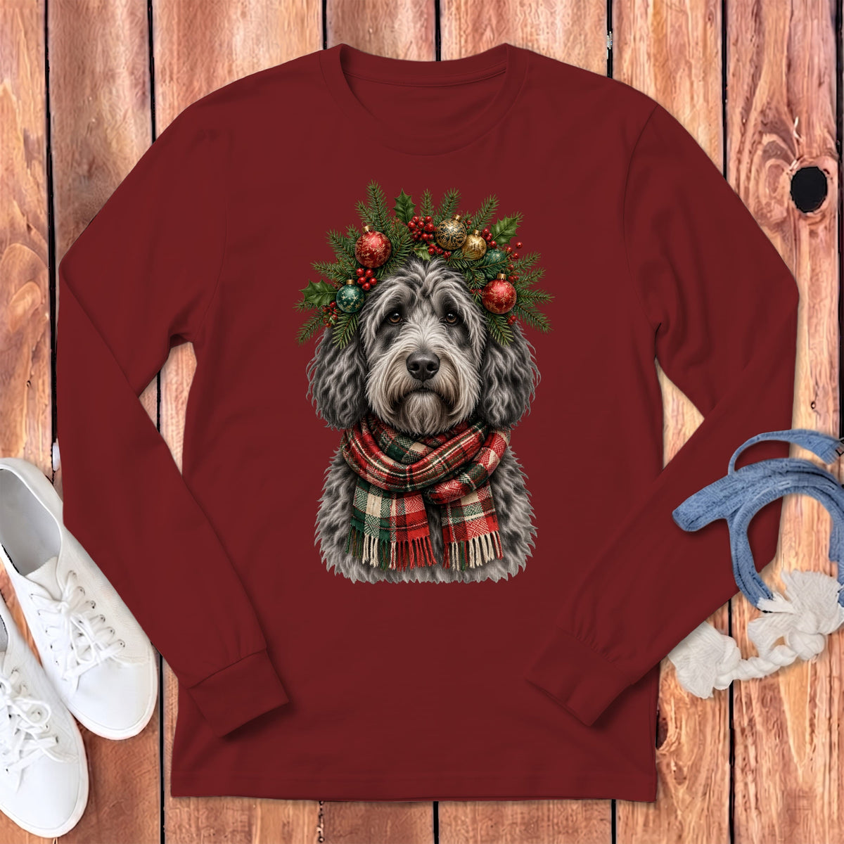 Merle Goldendoodle Holiday Crown Long Sleeve T-Shirt in Cardinal / S by MyDesigns