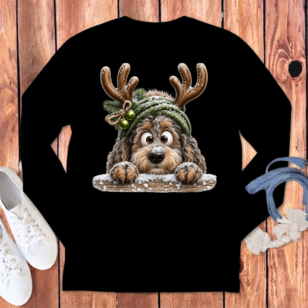 Black long-sleeve shirt with a cartoon dog wearing reindeer antlers and a knitted hat.