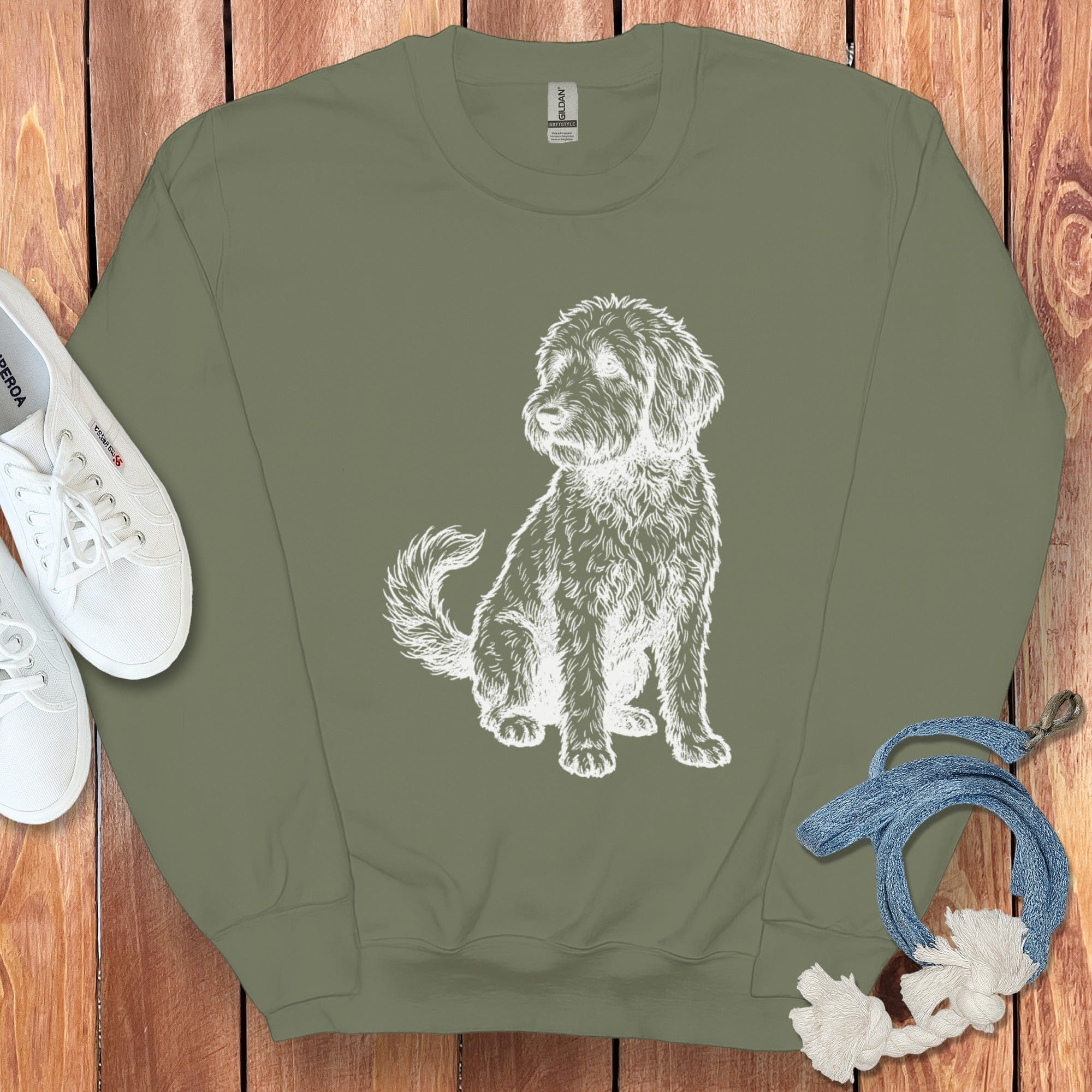 Unique Olive Sweatshirt with Detailed Dog Illustration