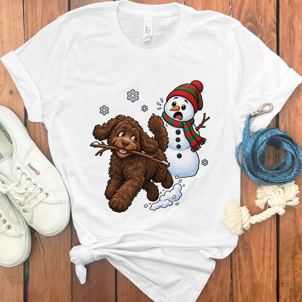 Chocolate Goldendoodle Snowman T-Shirt in White / S by Puppy Jo