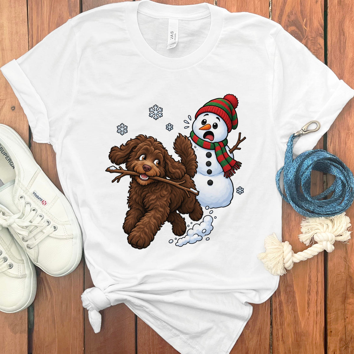 Chocolate Goldendoodle Snowman T-Shirt in White / S by Puppy Jo