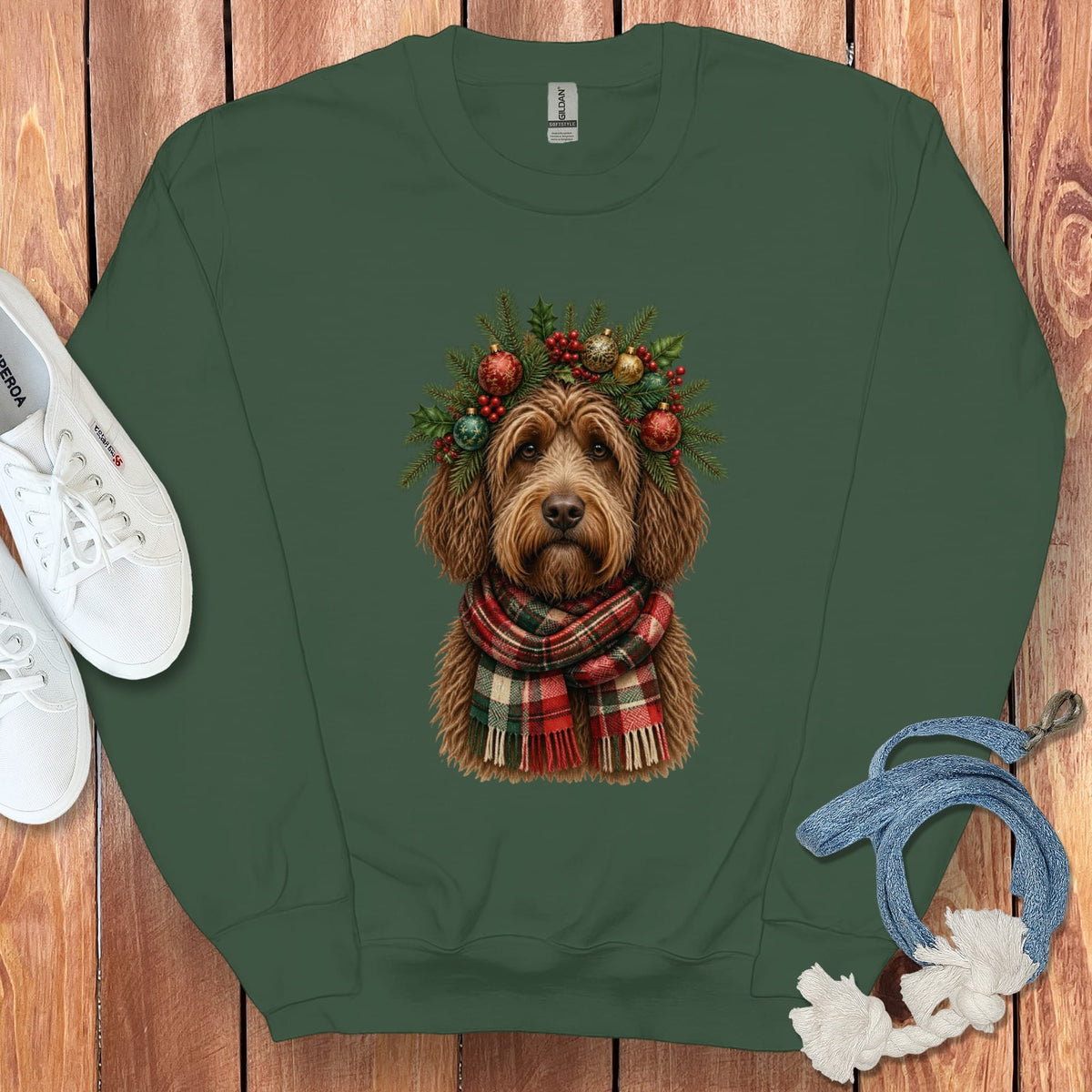 Chocolate Goldendoodle Holiday Crown Sweatshirt in Forest Green / S by Puppy Jo