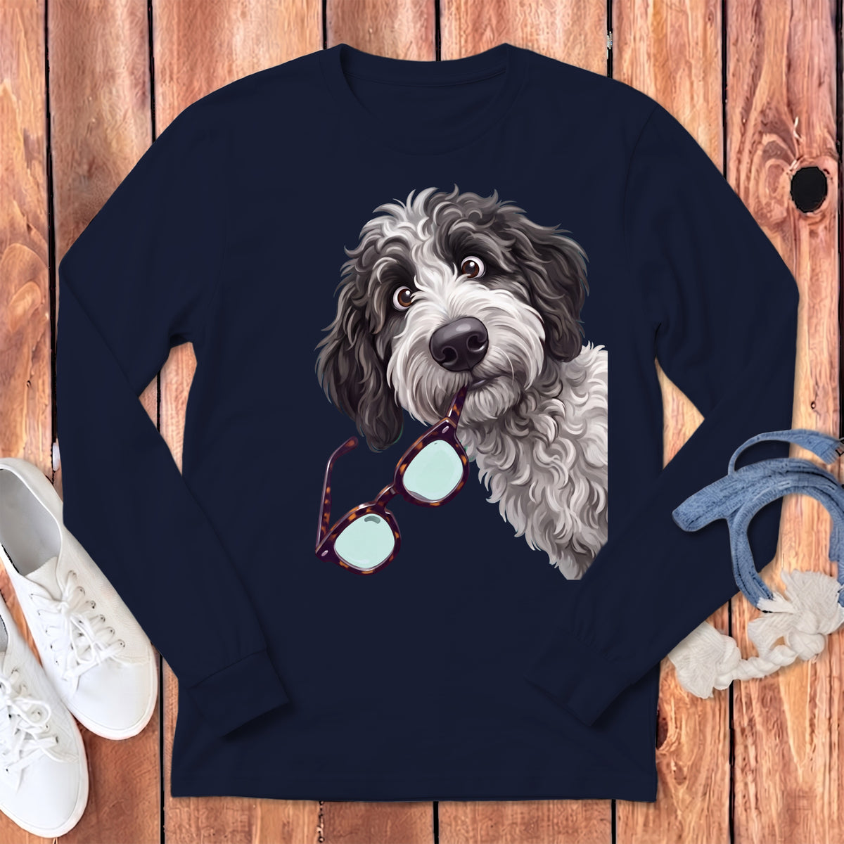 Dark blue long-sleeved t-shirt featuring an illustration of a fluffy black and white dog holding glasses in its mouth.