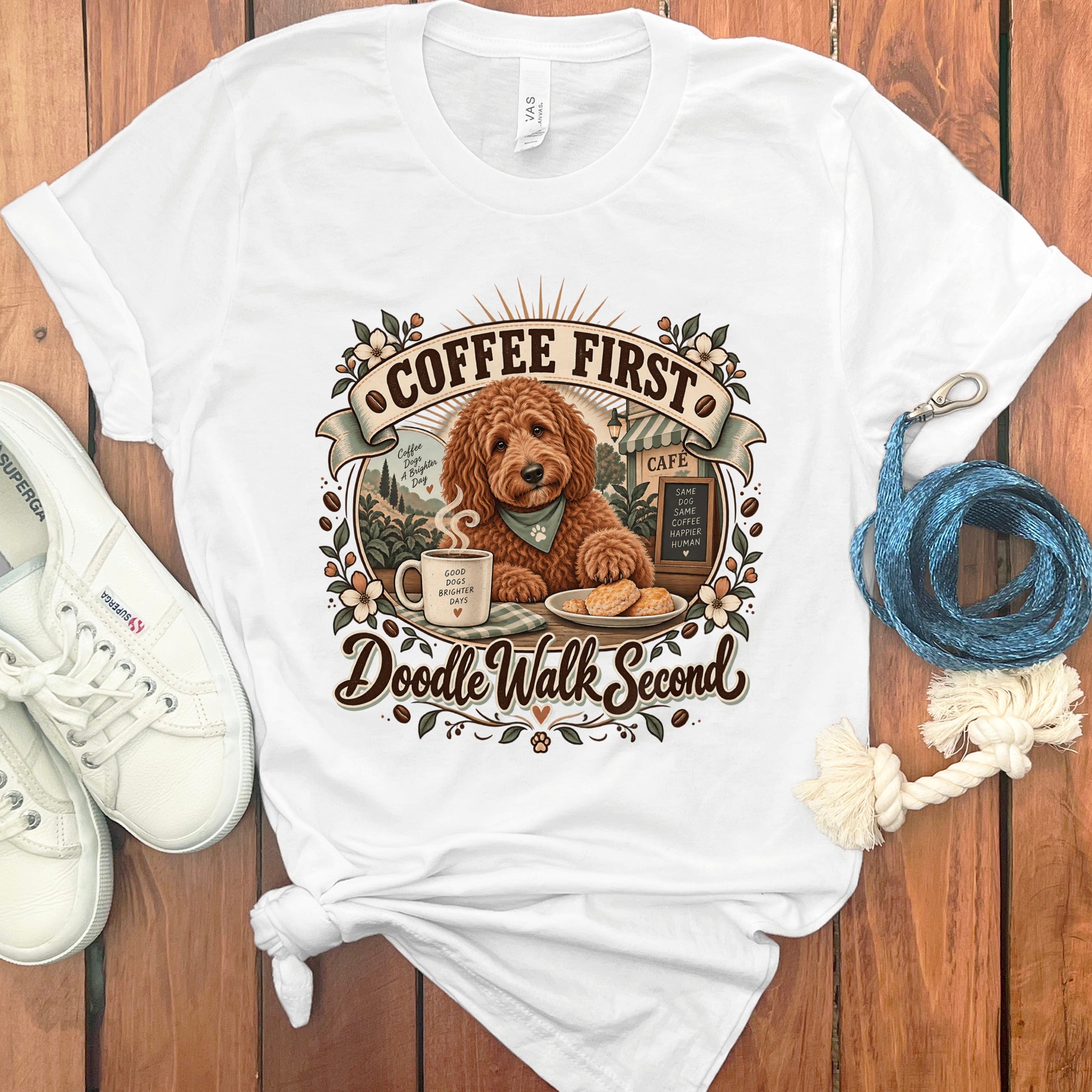 White t-shirt with "Coffee First Doodle Walk Second" graphic of a dog and cafe.