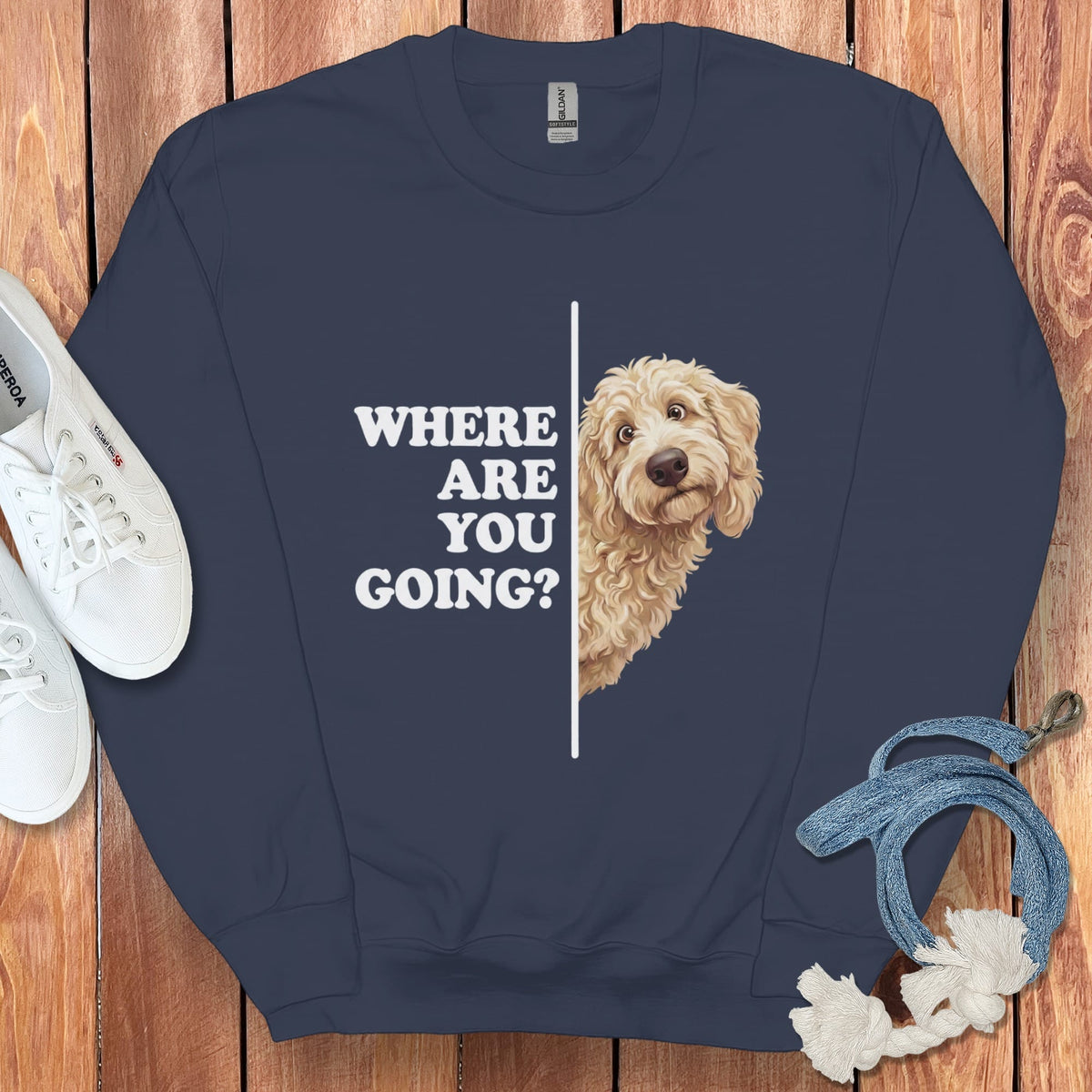 Where Going Cream Goldendoodle Sweatshirt in Navy / S by Puppy Jo