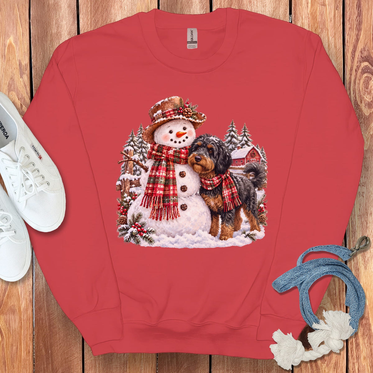 Phantom Goldendoodle Christmas Snowman Sweatshirt in Red / S by Puppy Jo