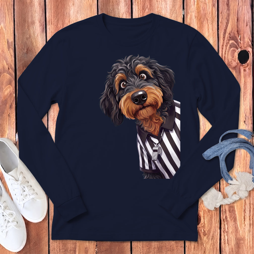 Illustration of a doodle dog wearing a black and white striped referee shirt and whistle.