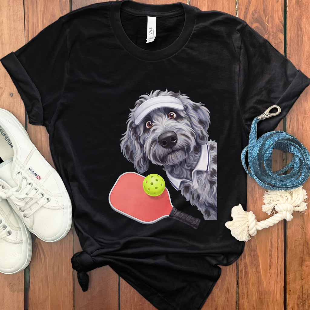Merle Goldendoodle Pickleball Player T-Shirt in Black / S by Puppy Jo